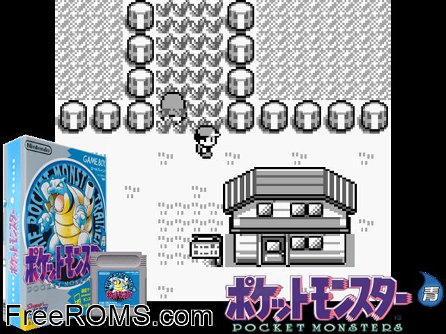 Pocket Monsters Blue Version (Japan)[T-Eng] Gameboy Color game showing 3D box cover and gameplay screenshot